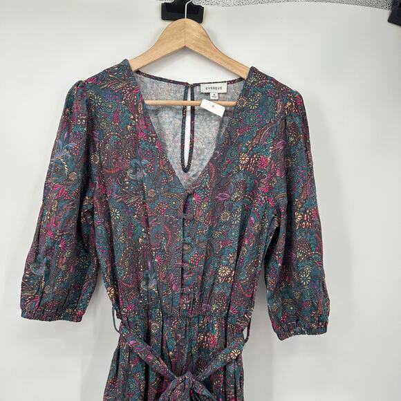 EVEREVE NWT Ember V Neck Multicolor Print Cotton Blend Tie Waist Jumpsuit  // M - Picture 7 of 16